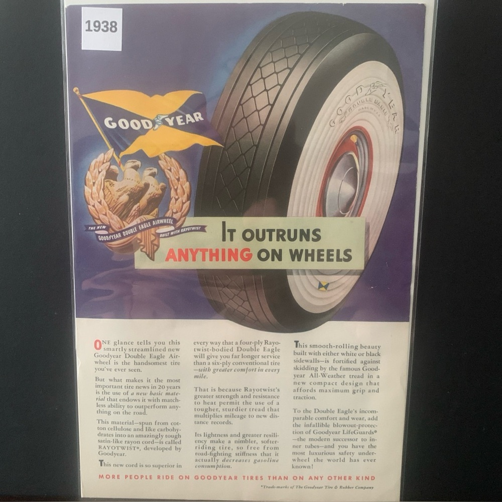Vintage 1938 Goodyear It Outruns Anything On Wheels Ad Advertisement